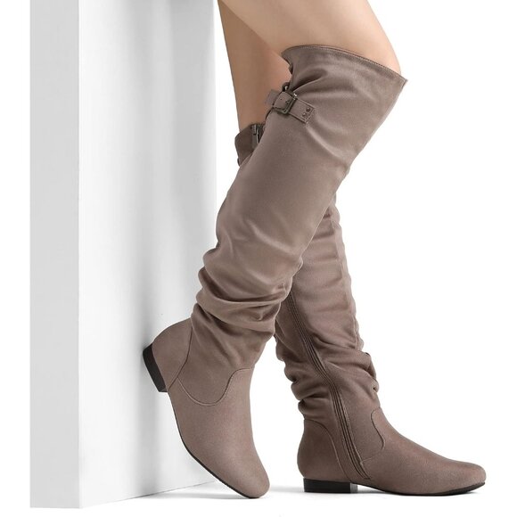 Women's Khaki Suede Over The Knee Thigh High Comfortable Low Heel Winter Boots - Picture 4 of 5
